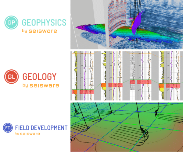 SeisWare began as 1 product and has branched into 3: Geophysics, Geology & Field Development. Images show product logos and screenshots from the software.